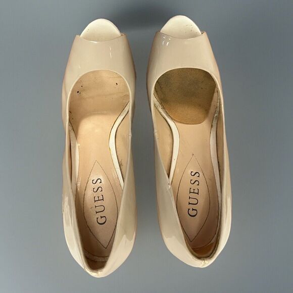 Guess Shoes Stiletto Dress High Heels Peep Toe Patches Nude Black Women 7.5 Twee - Picture 5 of 7